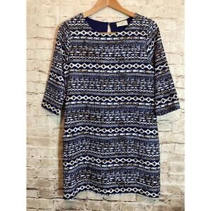 Everly Dress Womens Small Navy Blue Aztec Printed Shift Long Sleeve Career‎